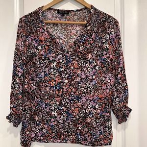 Rachel Zoe Womens Large Floral Blouse Artsy Boho 3/4 Sleeve V Neck Top